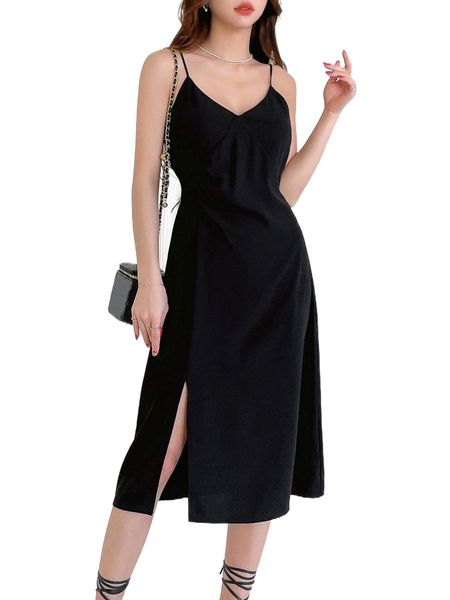 

dazy solid zipper back split thigh cami dress x3qu#, Black;gray