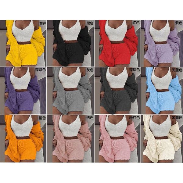 Damen-Nachtwäsche, lässig, dreiteilig, Plüsch-Hauskleidung, Strickjacke, Weste, Shorts, Anzug, modische solide Outfits K10185