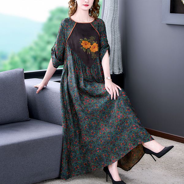 Etnik Giyim Zarif Yaz Boyu Elbise Kadın Stil Artı Boyut İpek Pamuk Karışımı Vintage Çiçek Elbisesi Asya Cheongsam Oryantal Kostüm