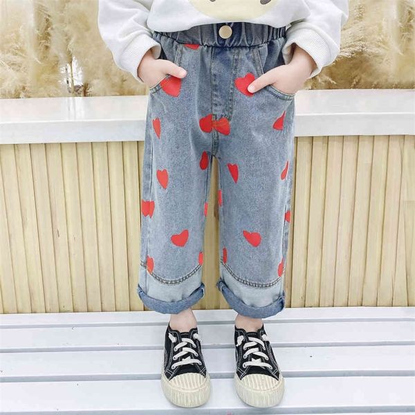 

girls jeans heart pattern girl's jeans patchwork trousers for children spring autumn children's clothing casual style 210412, Blue