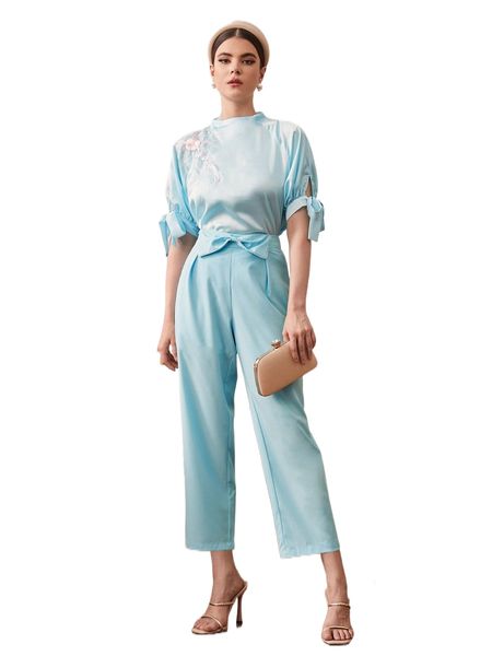 

high waist bow front pants k5d6#, Black;white