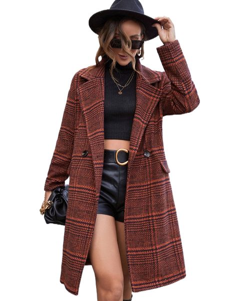 

plaid double button lapel collar overcoat 85on#, Black