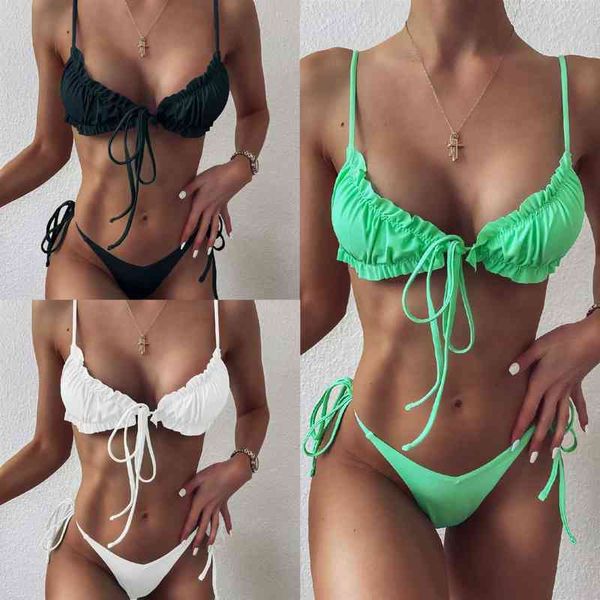 

split swimsuit women's personalized pleated lace up bikini 9722, White;black