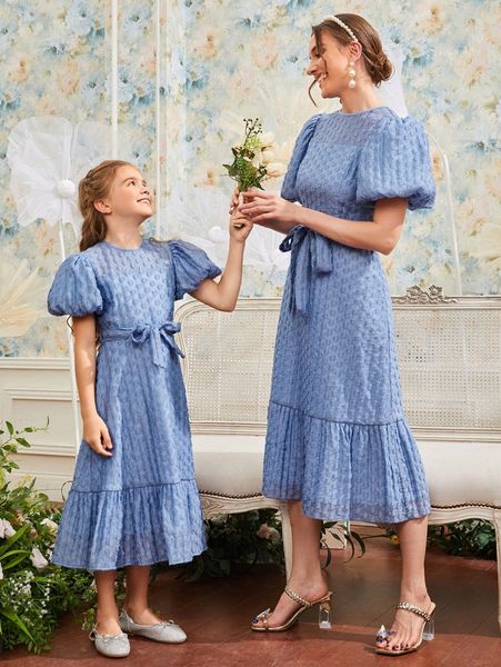 

1 pc puff sleeve self belted dress c7kz#, Black;gray