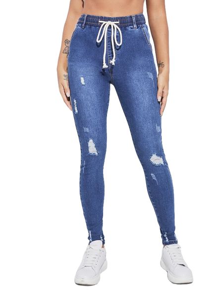 

drawstring waist striped tape side ripped skinny jeans f1uy#, Blue