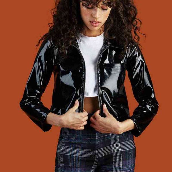 

2020 fashion brand patent leather jacket female glossy fabric pu leather short coat european stations slim jackets wj2716 l220728, Black