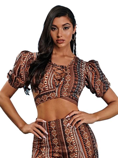 

geo print puff sleeve lace up front tie back blouse f1wl#, White