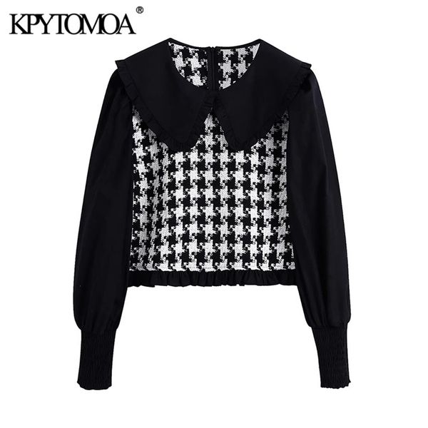 

kpytomoa women fashion patchwork ruffled blouses vintage peter pan collar long sleeve back zipper female shirts chic 21302, White