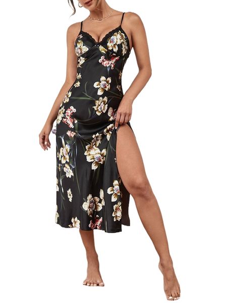 

floral print slit thigh lace detail satin nightdress 93gv#, Black;red