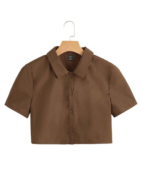 

button placket solid crop blouse r4pf#, White