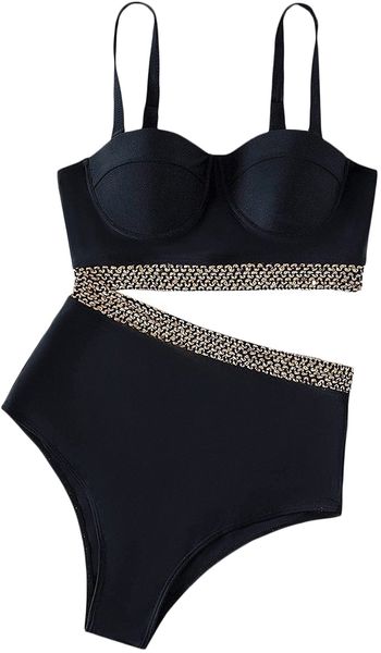 

women's 2 piece push up swimsuit contrast trim high waist bikini set j9mi#, White;black