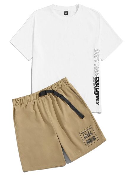 

extended sizes men slogan graphic tee & belted shorts 75cp#, Gray