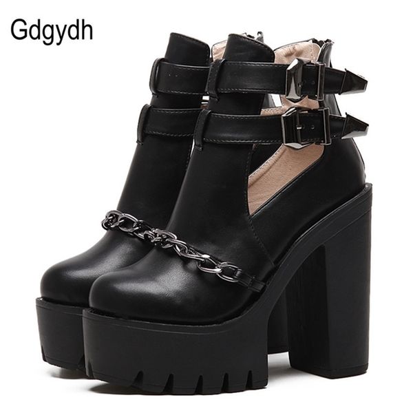 

gdgydh spring autumn fashion ankle boots for women high heels casual cutouts buckle round toe chain thick heels platform shoes 201106, Black