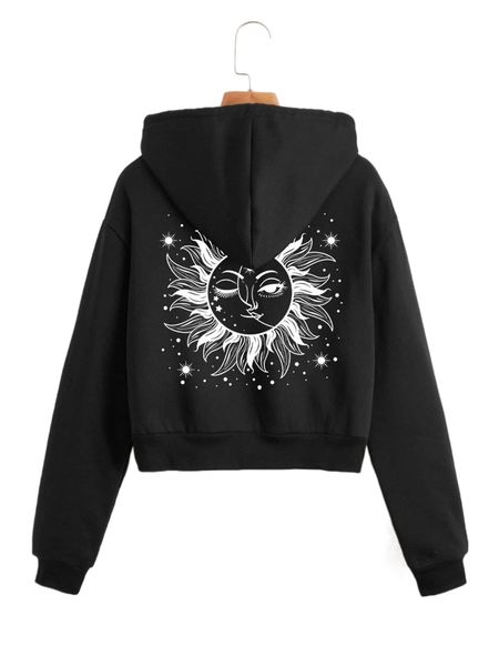 

sun print drop shoulder thermal hoodie y8li#, Black