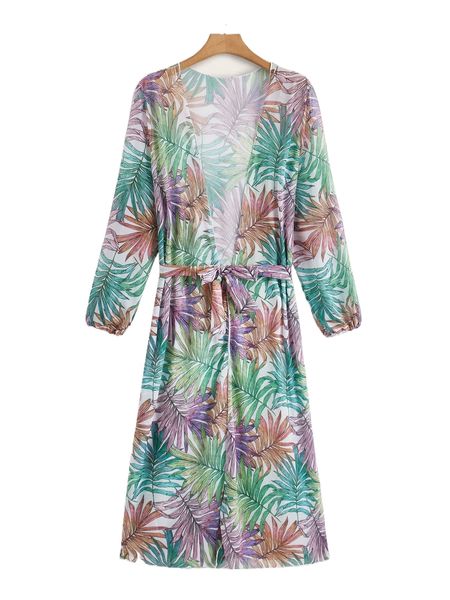 

plus tropical print belted kimono 37tb#, Black;gray