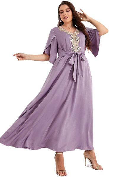 

plus applique petal sleeve belted dress m10i#, Black