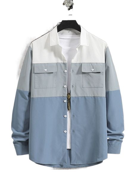 

men colorblock button up dual pocket shirt without tee b9xt#, White;black