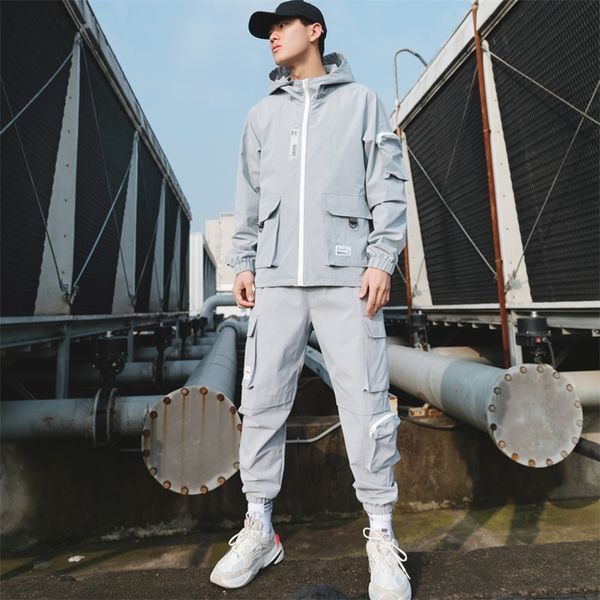 

brand men s fashion suits loose and comfortable casual jacket cargo pants track suit multi pocket fashion gray cargo suit lj201124