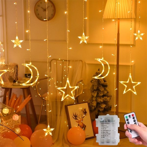 Batteriebetriebene LED-Stern-Mond-Fee-Vorhang-Lichterkette, Weihnachtsgirlande im Freien für Zuhause, Hochzeit, Party, Garten, Fensterdekoration 220408