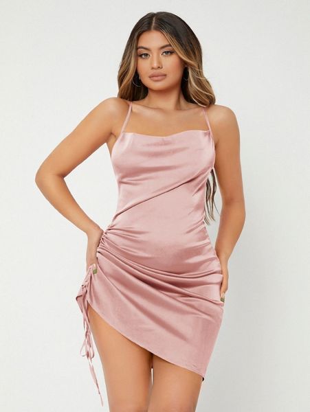 

drawstring ruched crisscross cami satin dress w5gw#, Black;gray