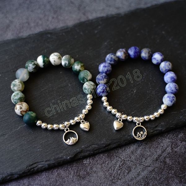 

vintage mountain and sea charm couple bracelets lovers blue natural stone beads bracelets friendship wholesale jewelry, Golden;silver