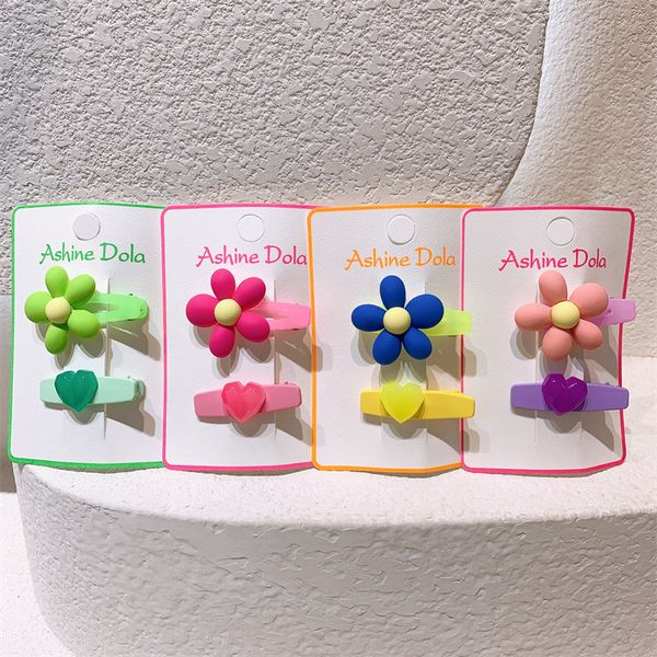 

2 pcs new korean sweet girl princess beautiful colorful flower duckbill clip fashion children's love hairpins hair accessories, Slivery;white
