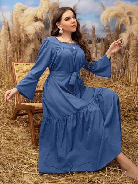 

plus guipure lace insert flounce sleeve ruffle hem belted dress w3dm#, Black