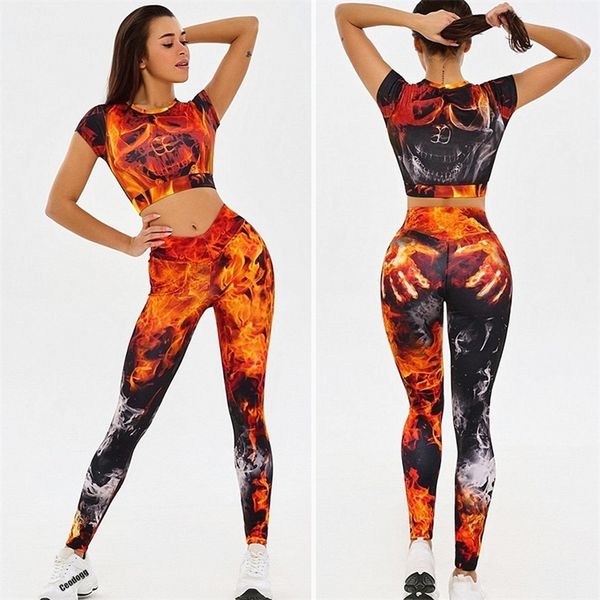 

fire tracksuit women sports tights woman suit workout seamless skull yoga set sportswear fitness t shirt leggings push up 220330, Gray