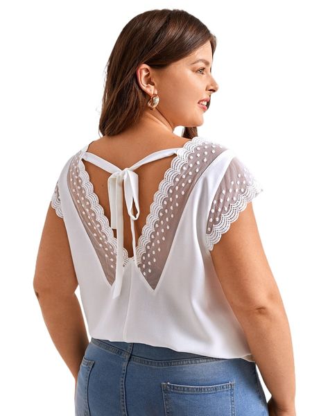 

plus tie backless contrast mesh scallop blouse d1mi#, Black