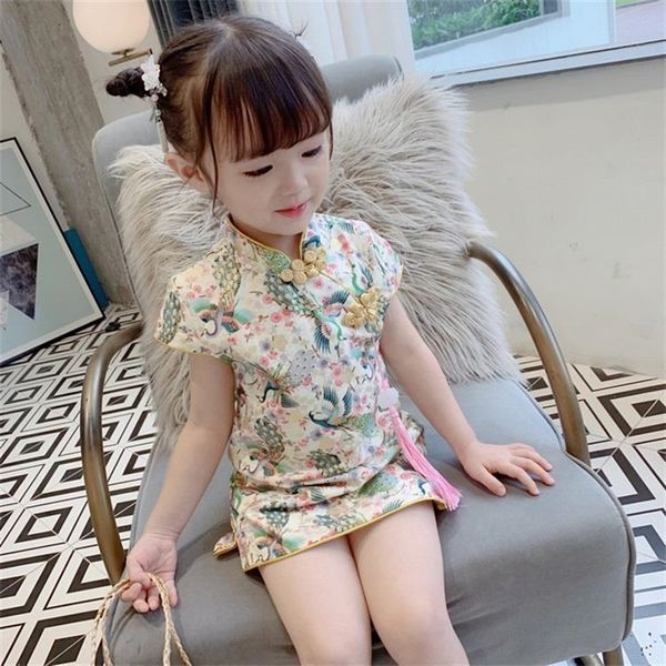 Chinês cheongsam princesa vestido bebê verão meninas para crianças roupas de manga curta flores de algodão bonito 220422