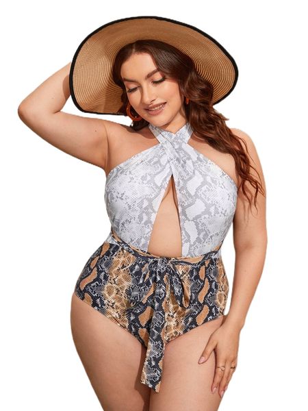

plus snakeskin print crisscross knot front one piece swimsuit m41i#, White;black