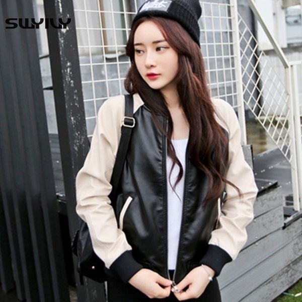 

swyivy women pu leather jackets coats color block spring female short design coat loose  woman leather jackets 201030, Black