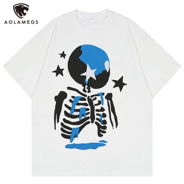

aolamegs men's t shirts hit color letter skull skeleton print o-neck tee cozy casual all match high street men's clothing 220706, White;black