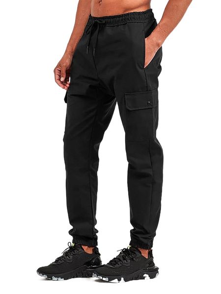 

men flap pocket side drawstring waist cargo pants g8h9#, Black