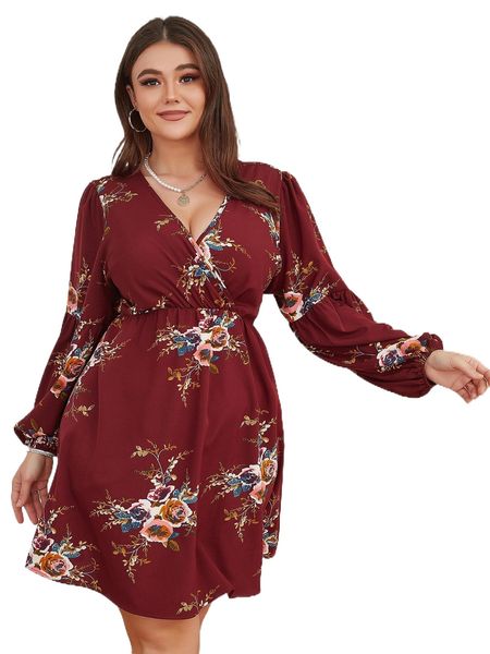 

plus floral print lantern sleeve dress x9t6#, Black