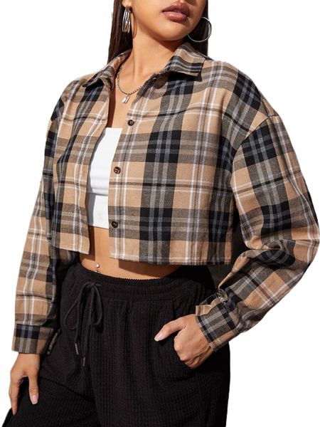 

plaid print button front crop shirt m8sz#, White