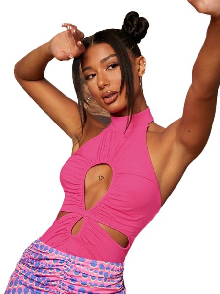 

halter neck cut out ruched backless p3op#, White