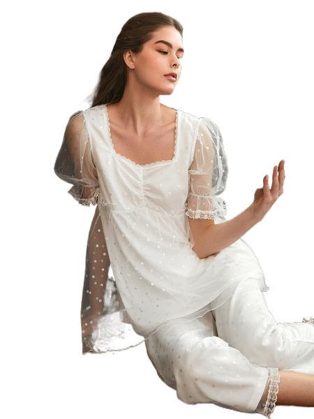 

sweetheart neck contrast mesh lace trim pj set 70rt#, Black;red