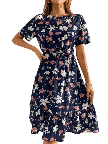 

floral print ruffle hem a-line dress i3vq#, Black;gray