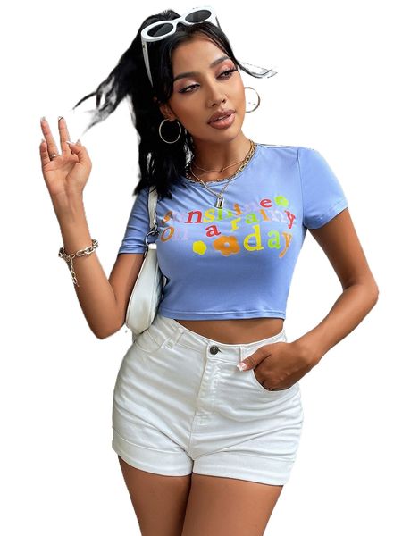 

floral & slogan graphic crop tee j7ai#, White