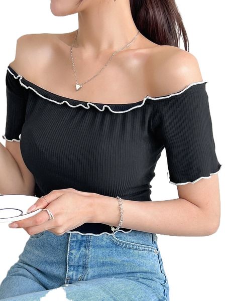 

dazy ribbed knit lettuce trim tee d3qk#, White