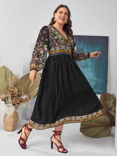 

plus butterfly & floral print bishop sleeve chiffon dress b3r3#, Black