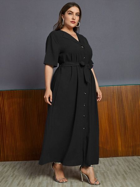 

plus button front belted dress x1uy#, Black