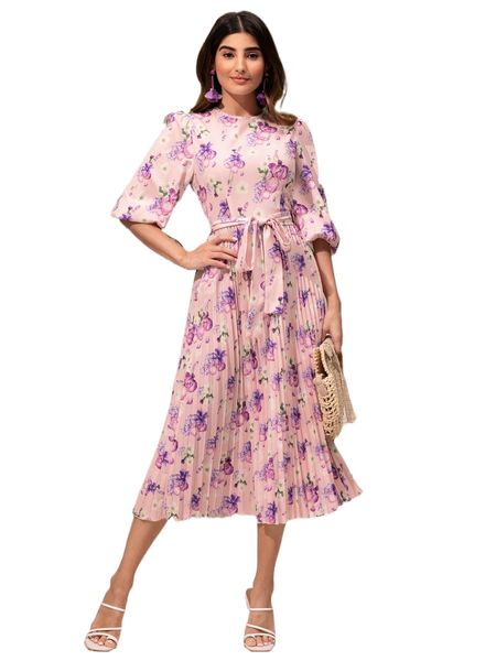 

modely floral print pleated hem belted dress t2ry#, Black;gray