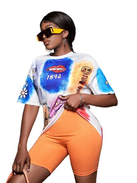 

sxy lip & butterfly print drop shoulder tee v9e9#, White