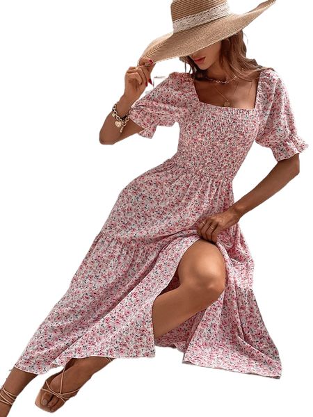 

allover floral print shirred puff sleeve square neck split thigh dress l1ox#, Black;gray