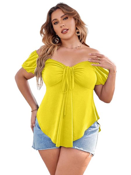 

plus off shoulder tie front curved hem tee t41x#, Black
