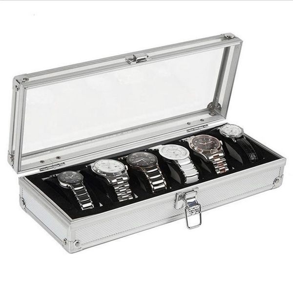 6 Grades Caixa de relógio Exibir caixa de jóias de jóias de alumínio Casário de contêiner de recipientes para homens assistir suporte de estojo de presente Saat Kutusu T200523