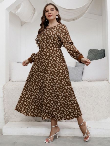 

plus allover floral print tie neck ruffle trim dress f03o#, Black