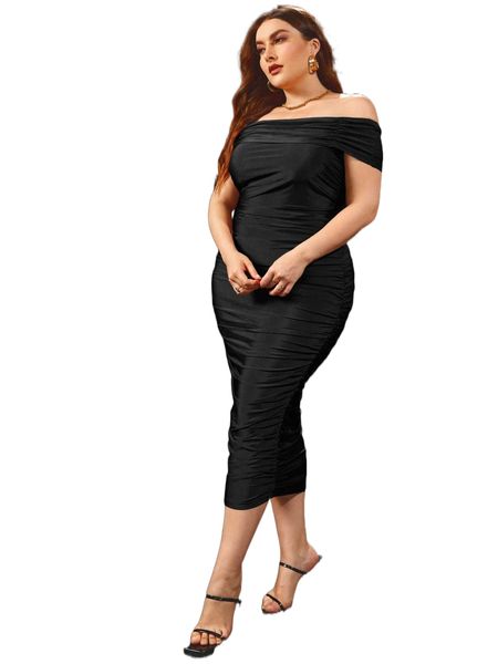 

plus off shoulder ruched bodycon dress 34io#, Black